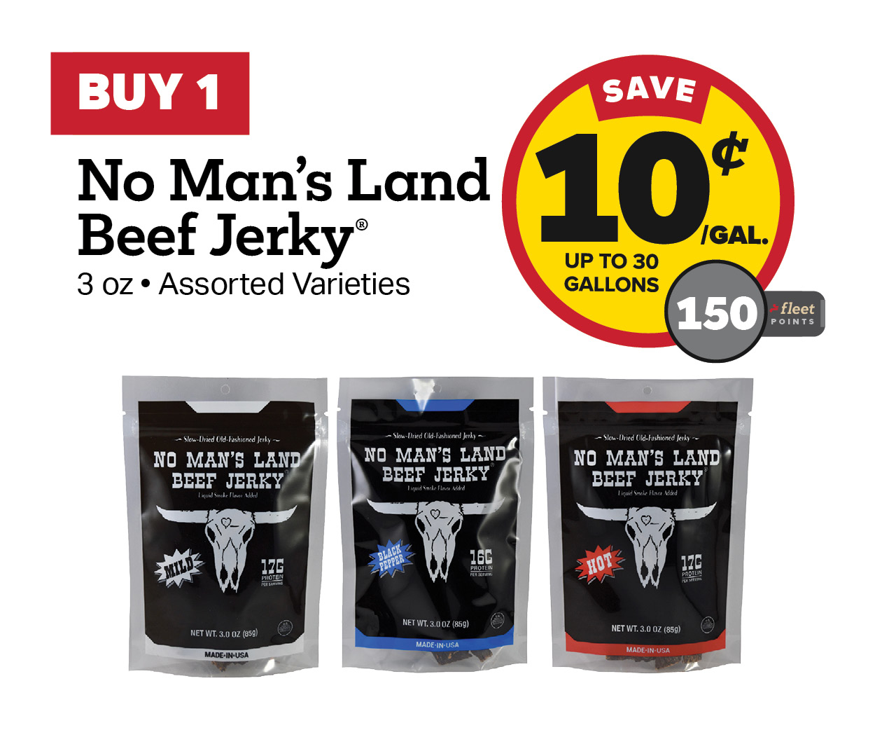 Buy 1 No Man's Land Beef Jerky 3oz Earn 10 Cents Per Gallon or 150 Fleet Points